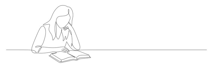 Fototapeta premium A minimalist continuous line art illustration depicting a woman sitting at a table and deeply focusing on reading an open book.