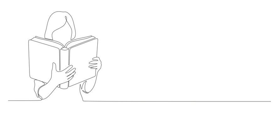 A minimalist continuous line art illustration depicting a person holding and reading a large open book that partially covers their face.