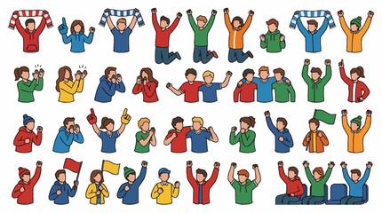 Fototapeta premium Mega set of football fans in different cheering poses, waving scarves, clapping, celebrating goals and supporting teams, faceless cartoon characters, flat vector illustration, thick outlines