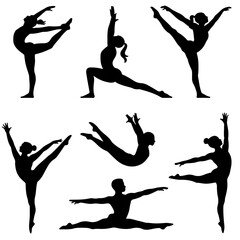  Black ballerina silhouette collection featuring elegant dance poses, flexibility and motion isolated on background for theater, studio branding and artistic designs  © MSTROUJATOUS