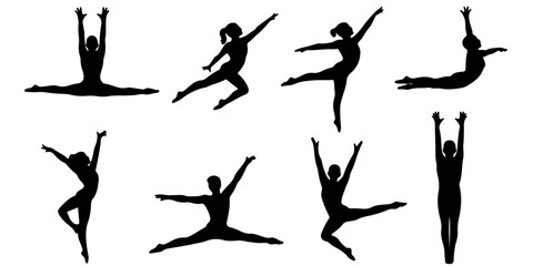  Black ballerina silhouette collection featuring elegant dance poses, flexibility and motion isolated on background for theater, studio branding and artistic designs  © MSTROUJATOUS