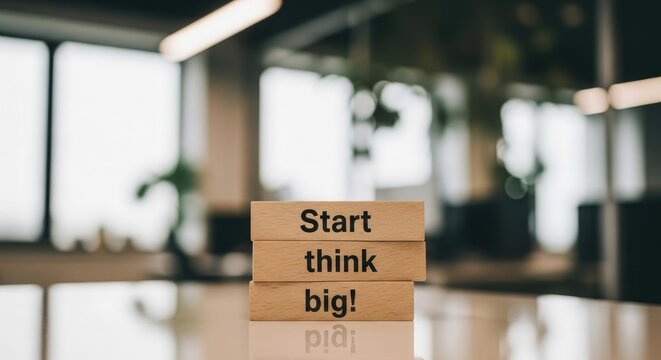 Wooden blocks with motivational words start think big idea