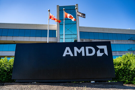 View of AMD sign in front of office building. Markham, Canada - May 30, 2026.