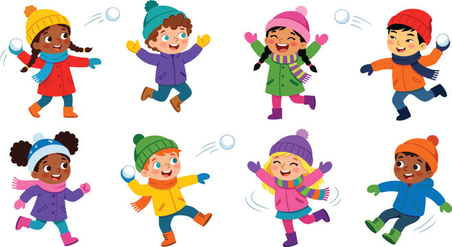 Happy diverse kids playing snowball fight, winter children outdoor activities vector illustration
