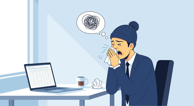 Man Sneezes At Work While Feeling Ill Wearing A Hat With A Confused Thought Bubble.