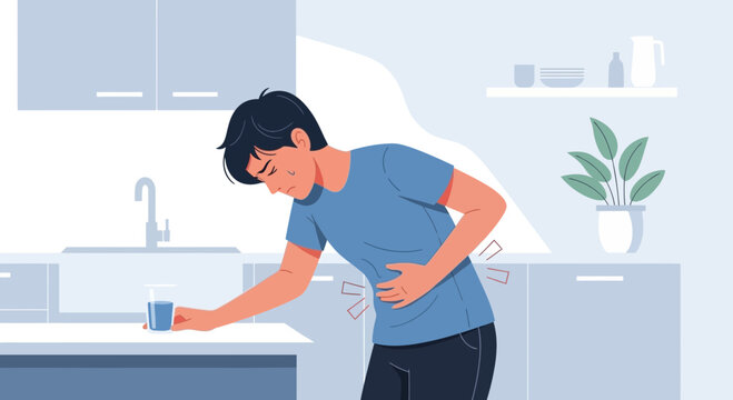 Man Experiencing Stomach Pain, Clasping His Abdomen In A Kitchen Interior Setting