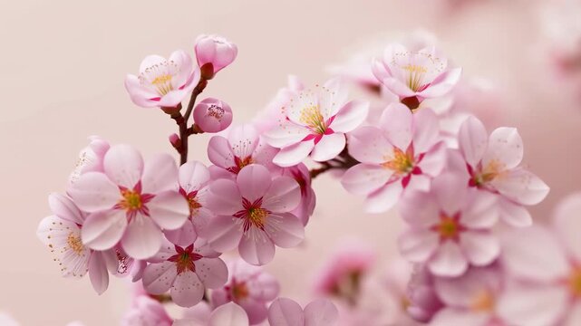 Slow zoom in shot of blooming pink cherry blossom flowers on a branch against a soft beige background
