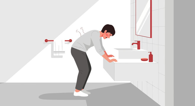 Man Experiencing Nausea and Feeling Sick Over The Bathroom Sink Illustration