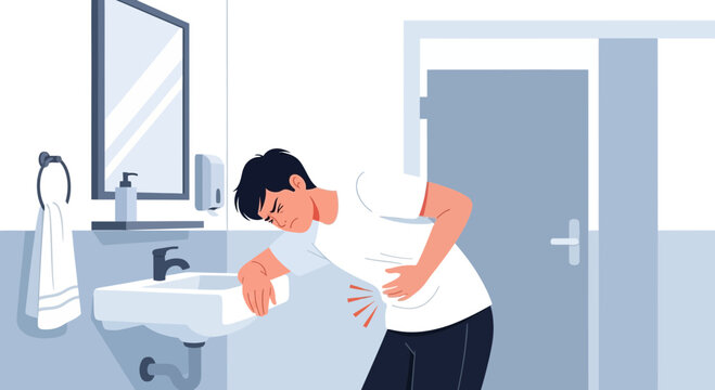 Man Experiencing Stomach Pain Holding His Abdomen in a Bathroom Setting with Sink and Mirror