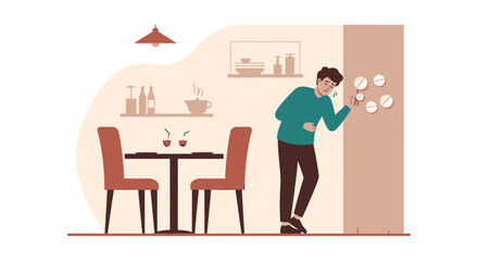 Fototapeta premium Man Suffering Digestive Issues Reaches For Medicine In A Restaurant, Seeking Relief Quickly