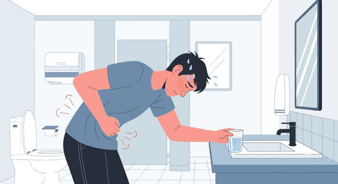 Man Experiencing Stomach Pain, Seeking Water for Relief in the Bathroom Setting