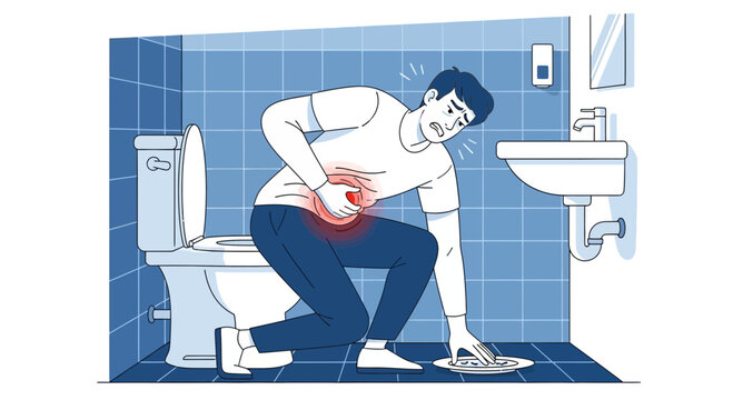 Man Experiencing Severe Abdominal Pain And Ill In A Bathroom Desperately Seeking Relief
