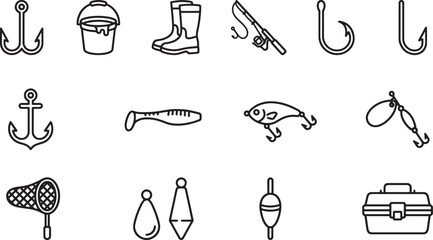 Fishing tackle and outdoor equipment outline icon set with rod, baits, and net © Open Expression