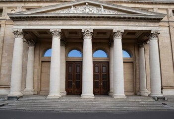Obraz premium Historic European building exterior featuring massive stone columns and carved facade