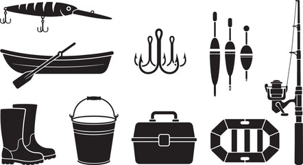 Fishing tackle and outdoor equipment silhouette icon set with boat and rod © Open Expression