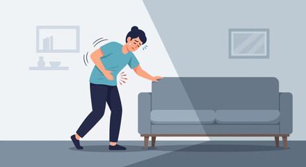 Fototapeta premium Man Experiencing Severe Abdominal Pain, Clutching Stomach, in a Living Room Setting