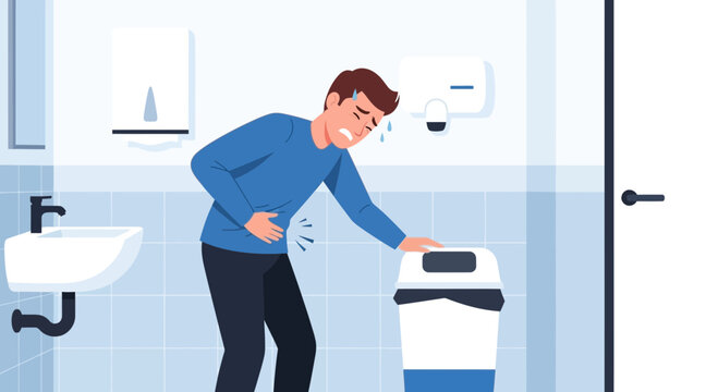Man Experiencing Stomach Pain in a Restroom, Seeking Relief and Comfort