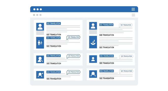 Social Media Interface Mockup with Global Translation Features for Localization and Communication - Flat Vector Illustration