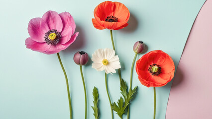 Obraz premium Minimal floral illustration with vivid petals and green leaves for graphic branding templates