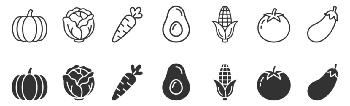 set of vegetable icons including pumpkin cabbage carrot avocado corn tomato and eggplant on transparent background