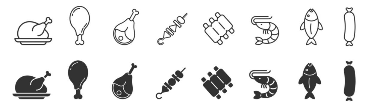 meat and seafood line and solid icons set including chicken leg drumstick ham kebab ribs shrimp fish sausage on transparent background