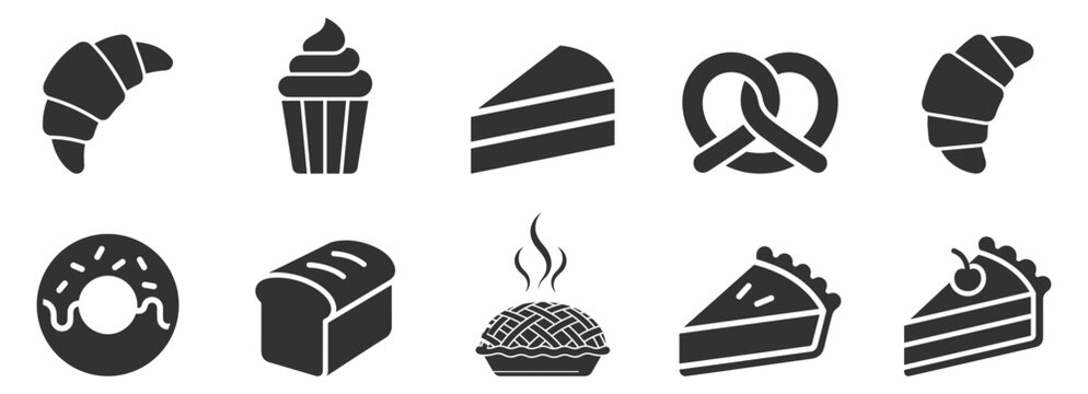 assorted bakery food icons including croissant cupcake cake pretzel donut bread pie and slices of pie on transparent background