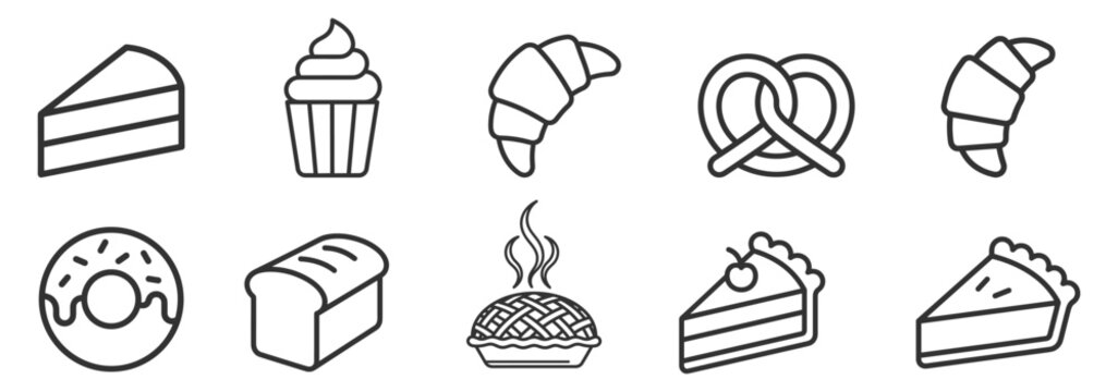set of bakery and dessert line icons including cake slice cupcake croissant pretzel donut bread pie isolated on transparent background
