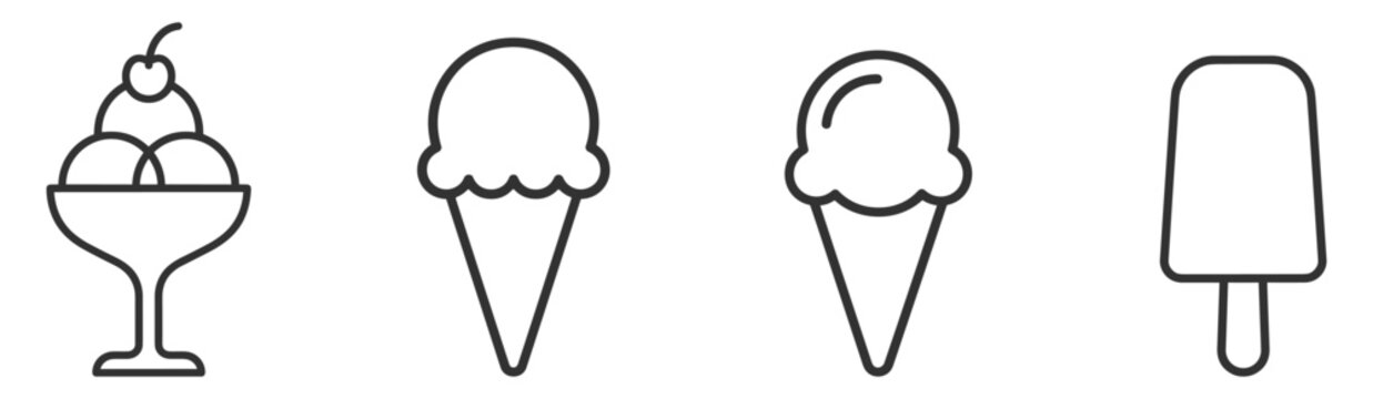 ice cream icons set with cone, sundae and popsicle line art on transparent background