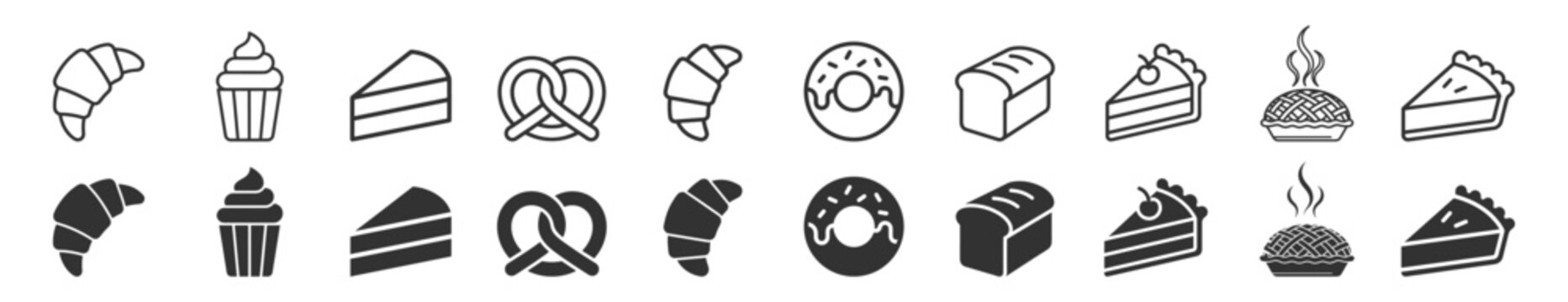 collection of bakery icon vector set with croissant cupcake cake pretzel donut bread pie on transparent background