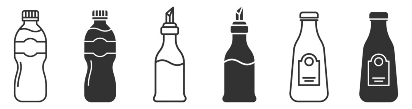 set of plastic sauce and condiment bottles line and solid icons on transparent background
