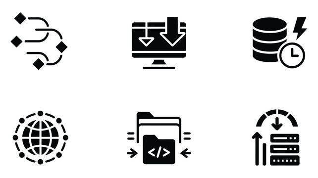 Data compression and optimization icons set featuring digital storage, transfer efficiency, server performance and network connectivity symbols for technology systems, vector, designs