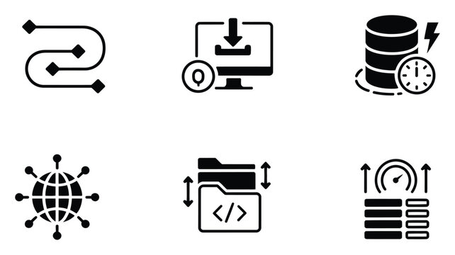 Data compression and optimization icons set, digital information transfer and storage concepts, server performance and network connectivity symbols for IT infrastructure, vector, designs