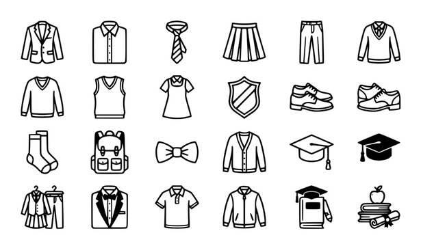 School Uniform Black Outline Icons Set Featuring Formal Student Apparel Blazer Skirt Tie and Classroom Clothing Symbols