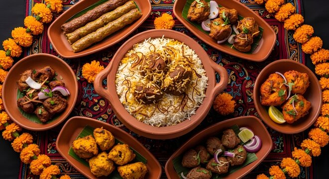 Variety of indian dishes on traditional plates with flowers on a colorful rug