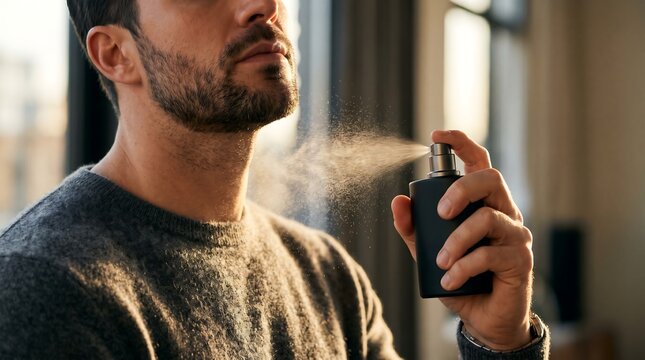 Close up of a man spraying luxury perfume cologne on his neck in a soft morning light, conveying a premium grooming routine and symbolizing masculine confidence.