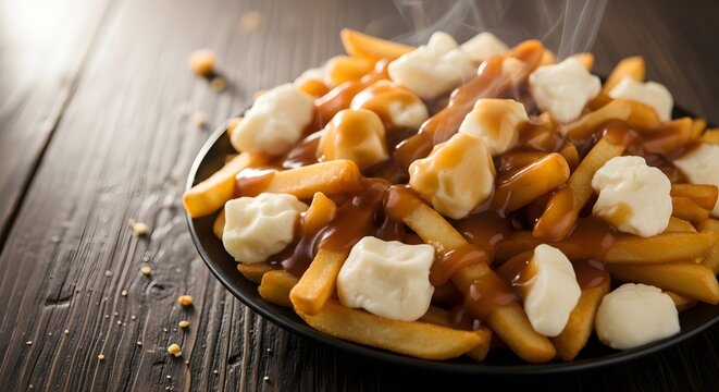 A delicious plate of poutine with cheese curds and gravy on a rustic wooden table
