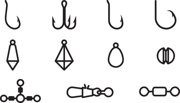 Fishing terminal tackle outline icon set with hooks, sinkers, and swivels