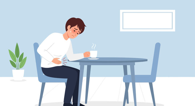 Man Experiencing Stomach Pain While Drinking Coffee, Illustrative Representation