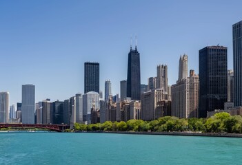 Naklejka premium Beautiful Chicago skyline and skyscrapers looking across the blue water of Lake Michigan