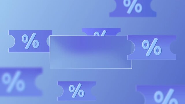 Glassmorphism percent coupon banner on neon blue pastel background, 4k 60fps seamless loop animation.