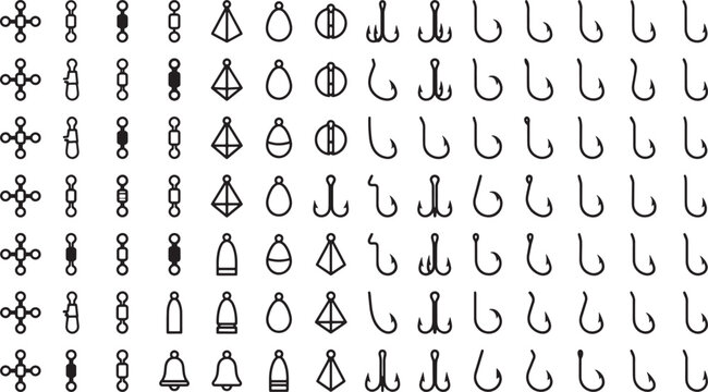 Large collection of fishing tackle outline icons with hooks, swivels, and sinkers