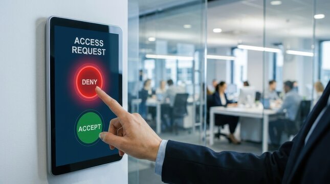Hand touching deny button on tablet screen for access request in modern office.
