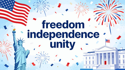 Obraz premium A vibrant illustration celebrating American Independence Day with the Statue of Liberty, the White House, fireworks, and confetti, symbolizing freedom and unity.