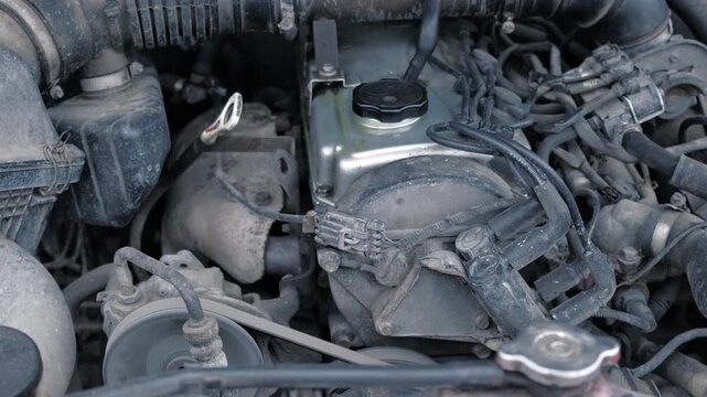 Car engine under the hood. View from above. Suv motor bay, tangled hoses and belt, wired connector, oil stained metal surface, bolts, coolant reservoir cap. Auto workshop, garage, repair shop concept