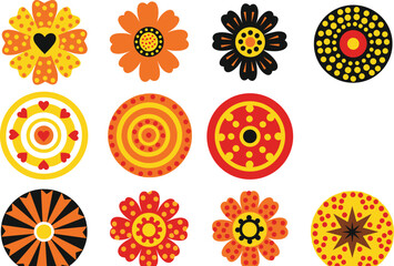 Fototapeta premium Colorful set of retro flower and mandala circular design elements isolated on white background for pattern creation scrapbooking and vintage aesthetic decoration projects