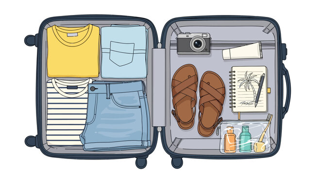 Packed open suitcase with summer clothes and travel essentials in a flat design