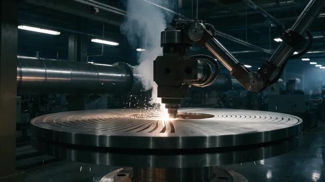 Medium shot of a circular blade undergoing precise lasercut slotting to reduce operational noise during highspeed rotation in a modern manufacturing setting