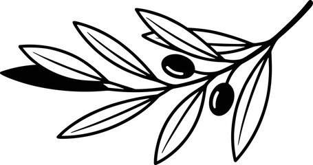 Black and white olive branch with leaves and olives, simple line drawing, isolated on white © kumara