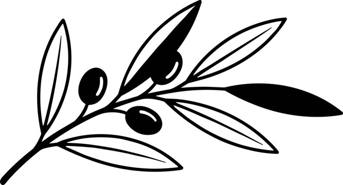 Stylized Black and White Olive Branch with Leaves and Olives