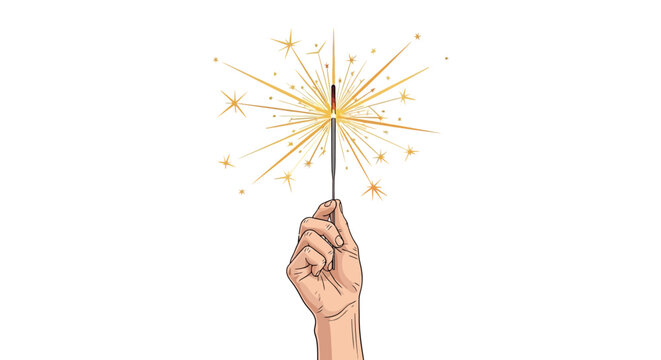 Hand holding sparkler with bright glittering stars on white background